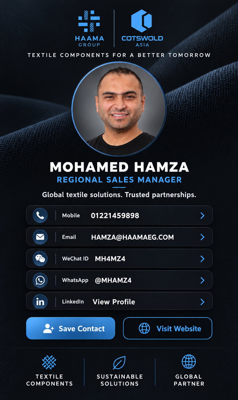Mohamed Hamza, Regional Sales Manager at HAAMA Group and Cotswold Asia. Contact buttons for mobile, email, WeChat, WhatsApp, LinkedIn and save contact.