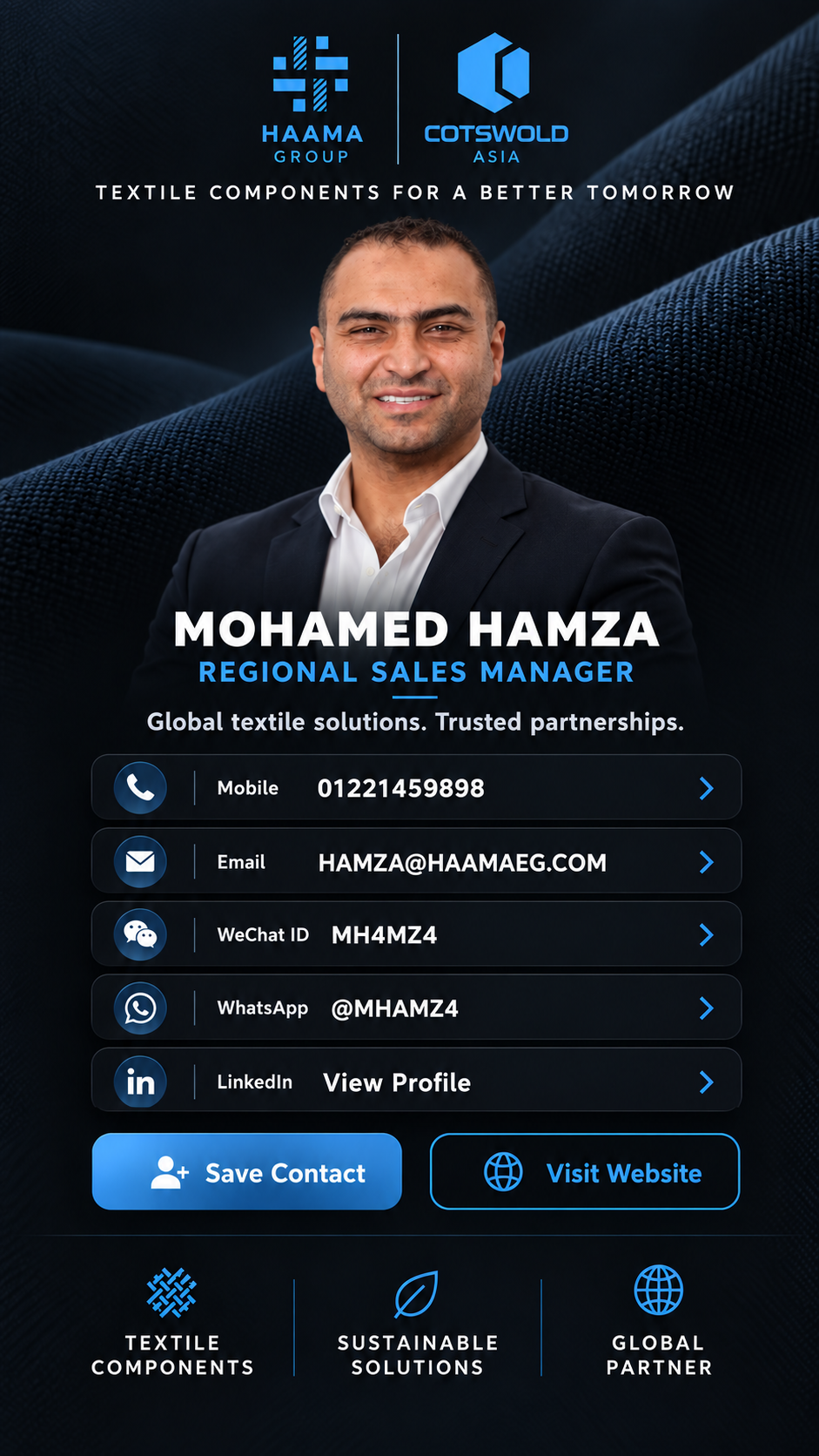 Mohamed Hamza, Regional Sales Manager at HAAMA Group and Cotswold Asia. Contact buttons for mobile, email, WeChat, WhatsApp, LinkedIn and save contact.