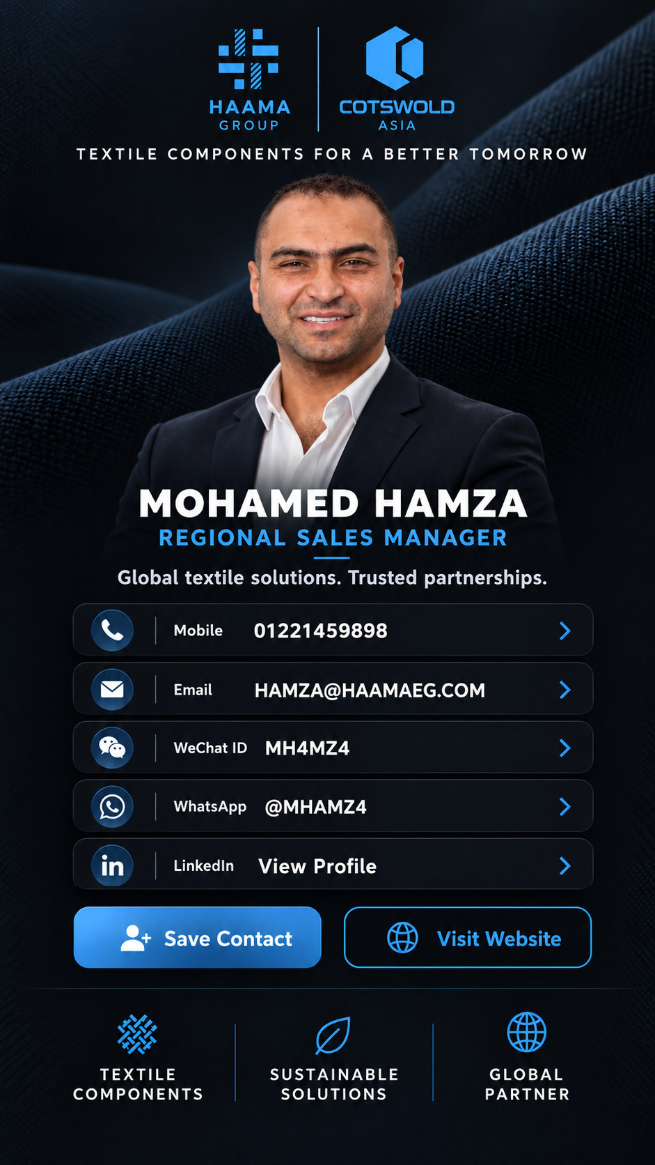 Mohamed Hamza, Regional Sales Manager at HAAMA Group and Cotswold Asia. Contact buttons for mobile, email, WeChat, WhatsApp, LinkedIn and save contact.