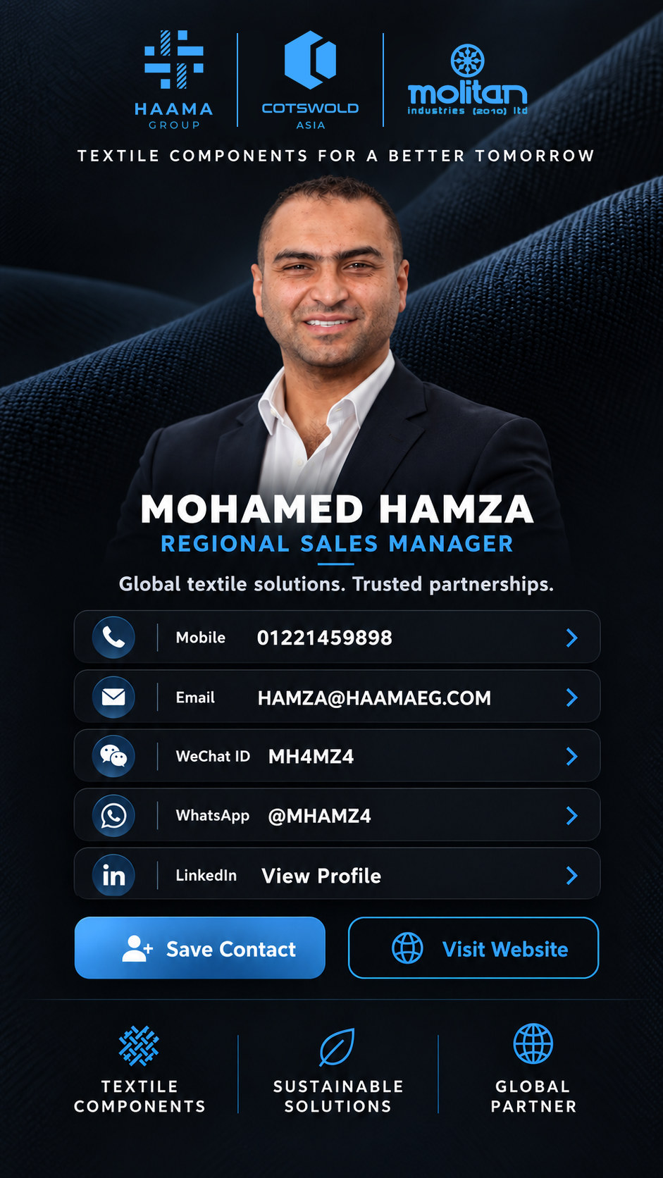 Mohamed Hamza, Regional Sales Manager at HAAMA Group, Cotswold Asia and Molitan. Contact buttons for mobile, email, WeChat, WhatsApp, LinkedIn and save contact.